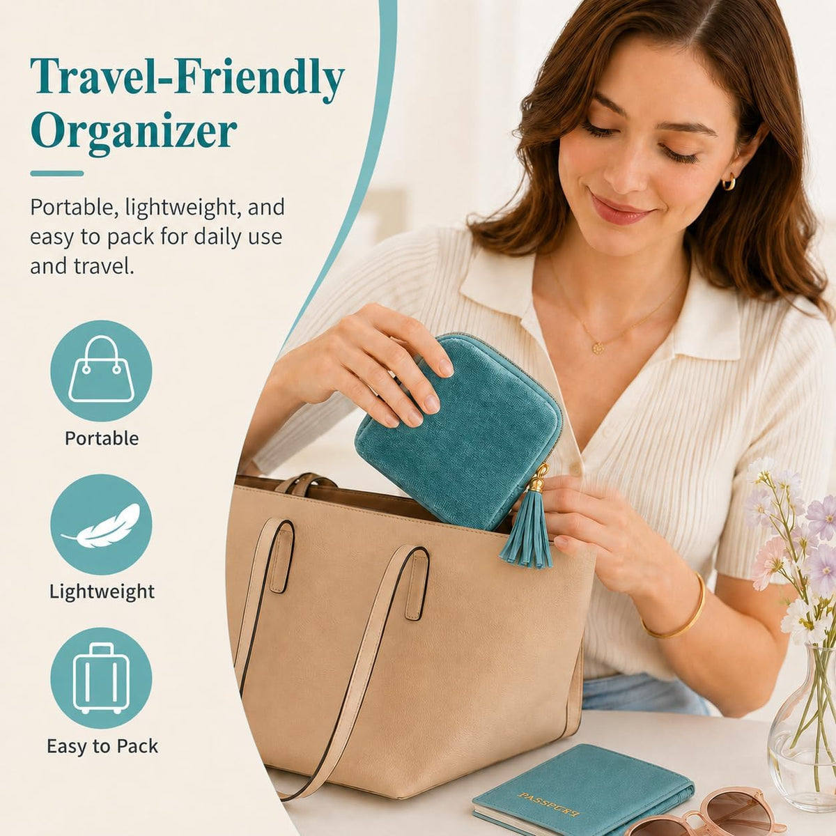 Small Travel Jewelry Pounch Case, 6-Layer Velvet Jewelry Organizer Storage Bag with Zipper, Mini Portable Pouch for Rings Earring, Anti-Scratch Jewelry Pouch Gift for Women Girls（Light Ice Blue）
