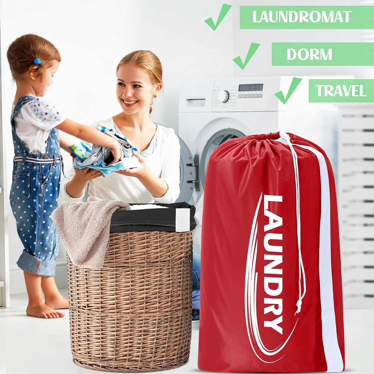 2 Pack XL Laundry Bag with Strap,Heavy Duty Travel Laundry Bag,Rip-Stop Dirty Clothes Shoulder Bag with Drawstring,Easy Fit a Laundry Hamper or Basket Travel Essentials