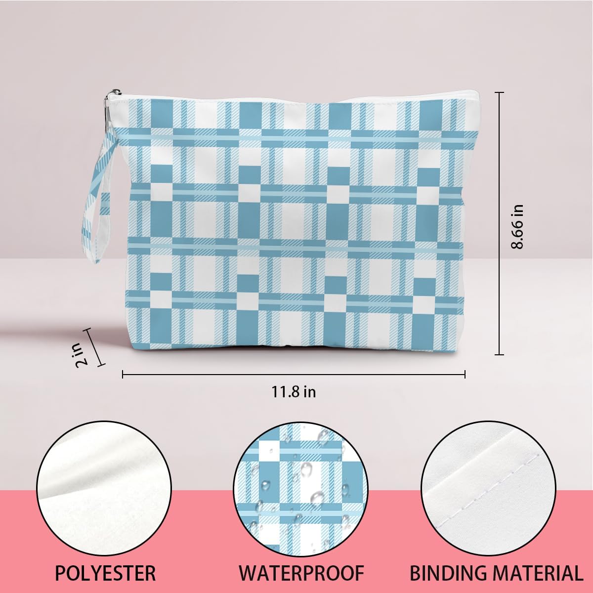 Wet Dry Bag, Wet Bag for Swimsuit, Diaper Sunscreen Large Zipper Pouch Waterproof Pouch, Beach Bags for Women, Pink and White Textured Plaid, Gifts for Ladies Girls Friends Colleagues and Sisters