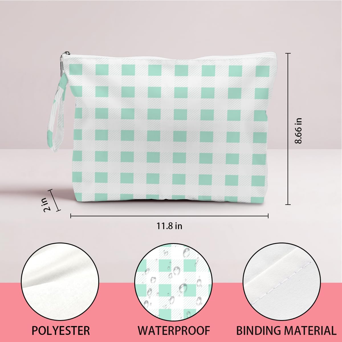 Wet Dry Bag, Wet Bag for Swimsuit, Diaper Sunscreen Large Zipper Pouch Waterproof Pouch, Beach Bags for Women, Pink and White Textured Plaid, Gifts for Ladies Girls Friends Colleagues and Sisters