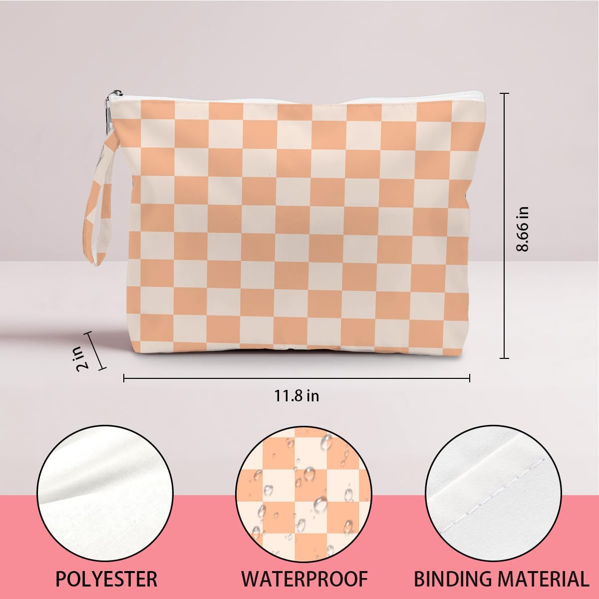 Wet Dry Bag, Wet Bag for Swimsuit, Diaper Sunscreen Large Zipper Pouch Waterproof Pouch, Beach Bags for Women, Pink and White Textured Plaid, Gifts for Ladies Girls Friends Colleagues and Sisters