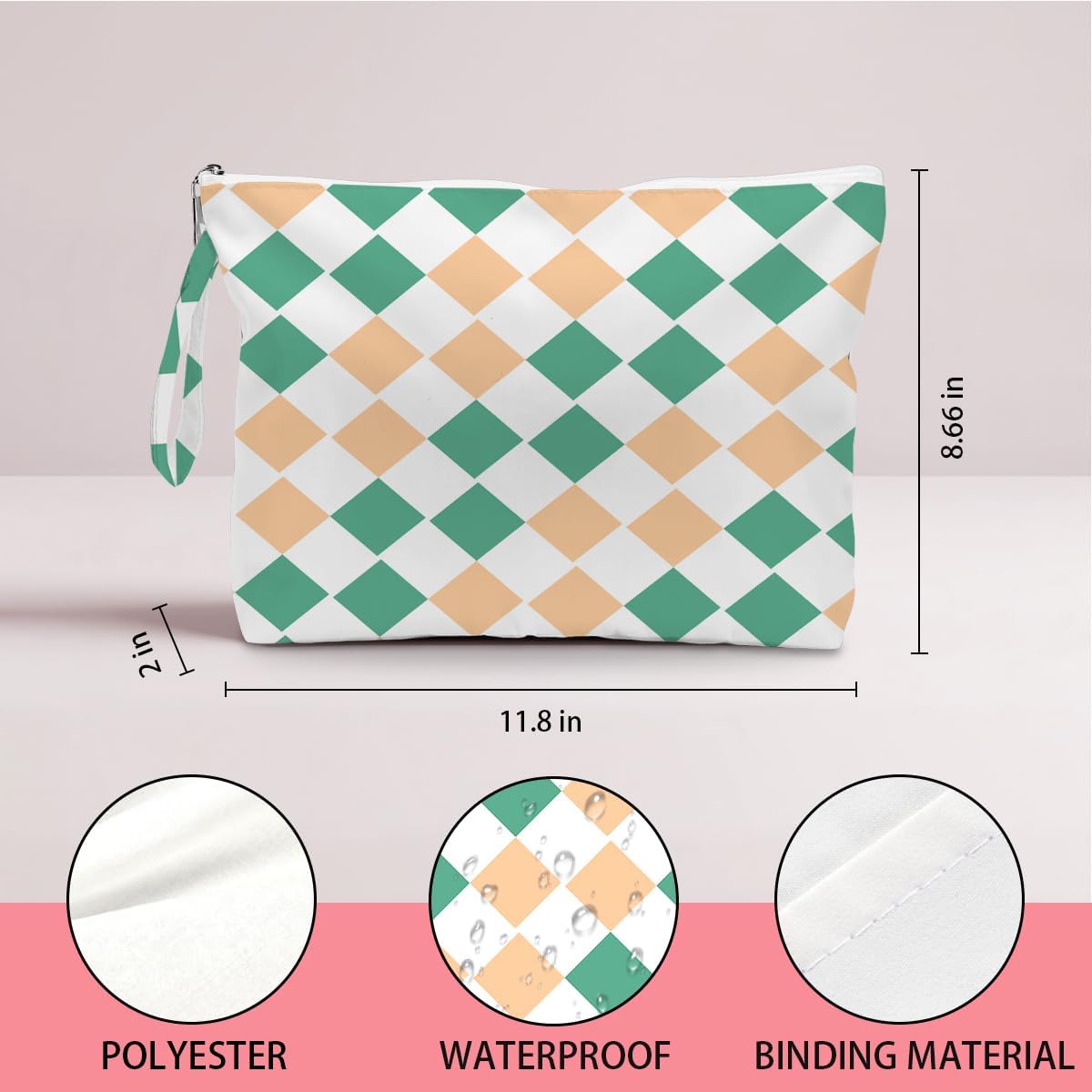 Wet Dry Bag, Wet Bag for Swimsuit, Diaper Sunscreen Large Zipper Pouch Waterproof Pouch, Beach Bags for Women, Pink and White Textured Plaid, Gifts for Ladies Girls Friends Colleagues and Sisters