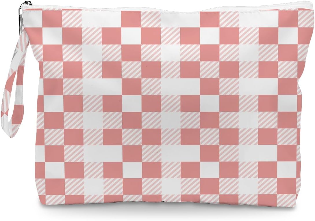 Wet Dry Bag, Wet Bag for Swimsuit, Diaper Sunscreen Large Zipper Pouch Waterproof Pouch, Beach Bags for Women, Pink and White Textured Plaid, Gifts for Ladies Girls Friends Colleagues and Sisters
