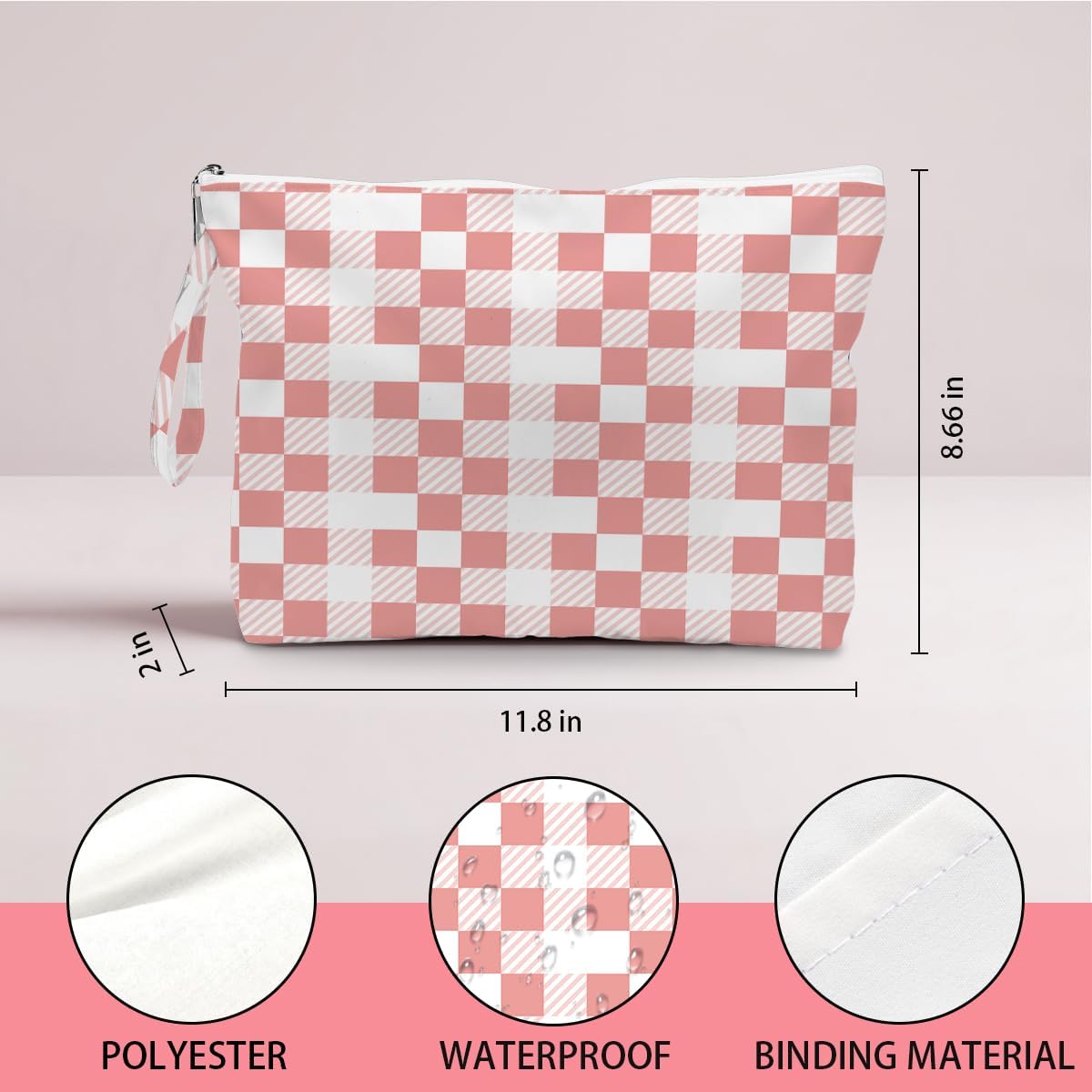 Wet Dry Bag, Wet Bag for Swimsuit, Diaper Sunscreen Large Zipper Pouch Waterproof Pouch, Beach Bags for Women, Pink and White Textured Plaid, Gifts for Ladies Girls Friends Colleagues and Sisters