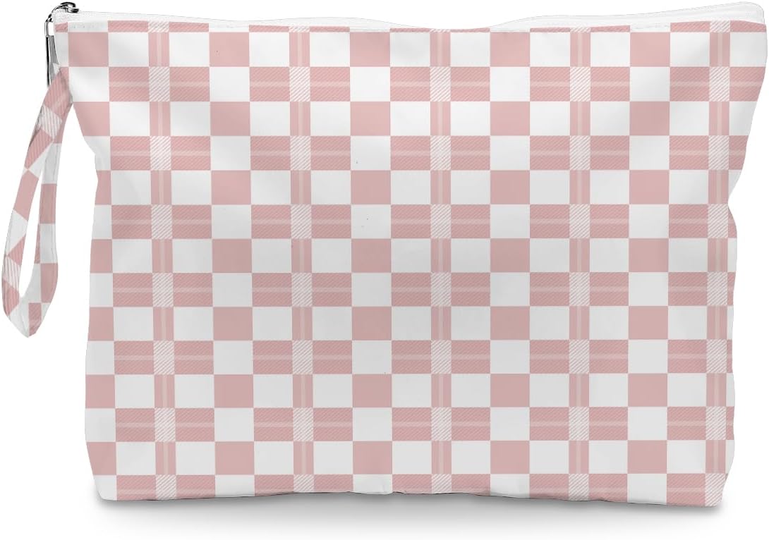 Wet Dry Bag, Wet Bag for Swimsuit, Diaper Sunscreen Large Zipper Pouch Waterproof Pouch, Beach Bags for Women, Pink and White Textured Plaid, Gifts for Ladies Girls Friends Colleagues and Sisters