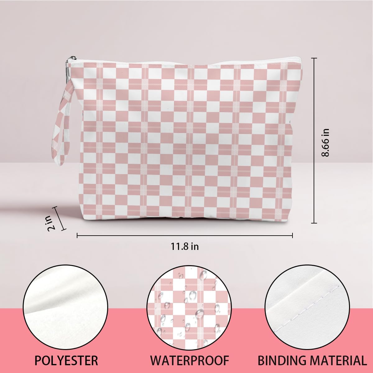 Wet Dry Bag, Wet Bag for Swimsuit, Diaper Sunscreen Large Zipper Pouch Waterproof Pouch, Beach Bags for Women, Pink and White Textured Plaid, Gifts for Ladies Girls Friends Colleagues and Sisters