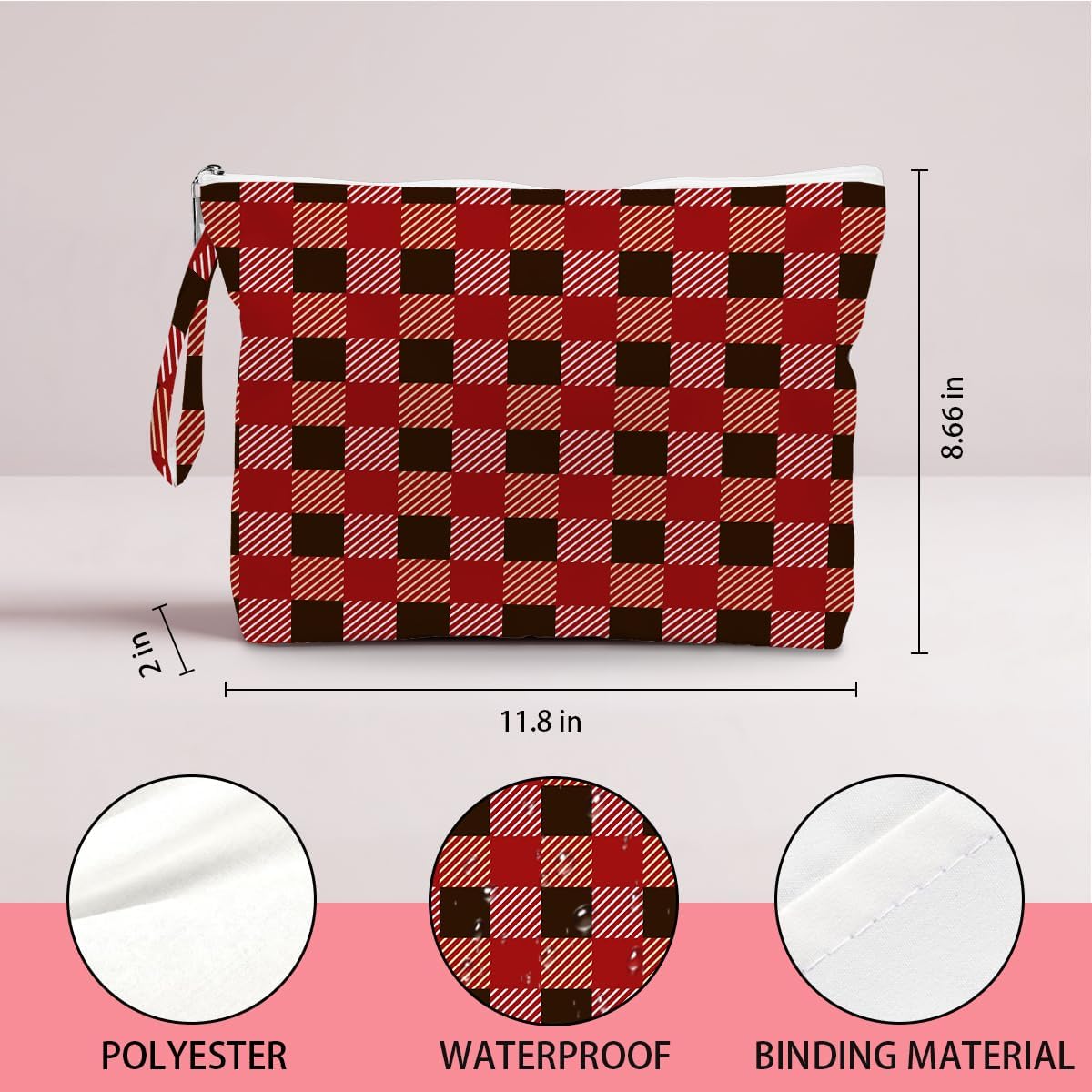 Wet Dry Bag, Wet Bag for Swimsuit, Diaper Sunscreen Large Zipper Pouch Waterproof Pouch, Beach Bags for Women, Pink and White Textured Plaid, Gifts for Ladies Girls Friends Colleagues and Sisters