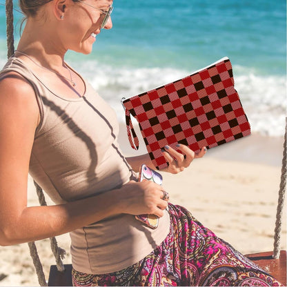 Wet Dry Bag, Wet Bag for Swimsuit, Diaper Sunscreen Large Zipper Pouch Waterproof Pouch, Beach Bags for Women, Pink and White Textured Plaid, Gifts for Ladies Girls Friends Colleagues and Sisters