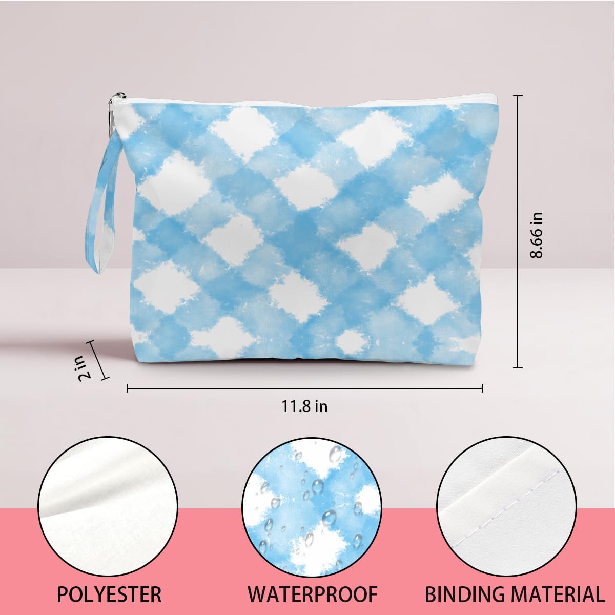 Wet Dry Bag, Wet Bag for Swimsuit, Diaper Sunscreen Large Zipper Pouch Waterproof Pouch, Beach Bags for Women, Pink and White Textured Plaid, Gifts for Ladies Girls Friends Colleagues and Sisters