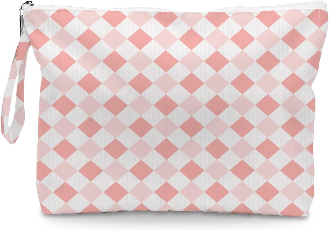 Wet Dry Bag, Wet Bag for Swimsuit, Diaper Sunscreen Large Zipper Pouch Waterproof Pouch, Beach Bags for Women, Pink and White Textured Plaid, Gifts for Ladies Girls Friends Colleagues and Sisters