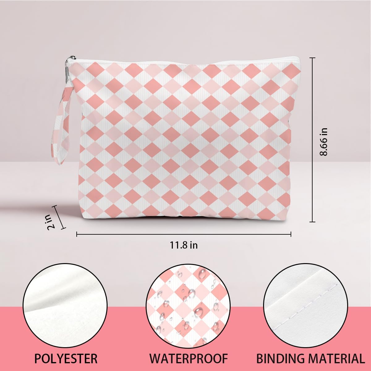 Wet Dry Bag, Wet Bag for Swimsuit, Diaper Sunscreen Large Zipper Pouch Waterproof Pouch, Beach Bags for Women, Pink and White Textured Plaid, Gifts for Ladies Girls Friends Colleagues and Sisters