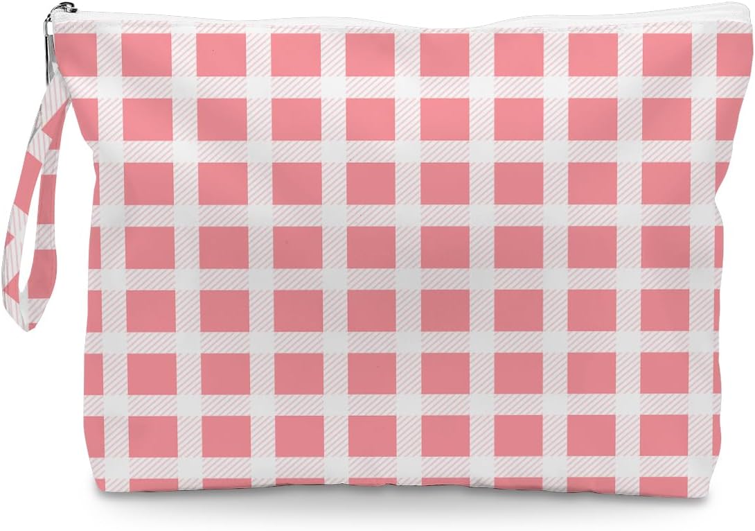 Wet Dry Bag, Wet Bag for Swimsuit, Diaper Sunscreen Large Zipper Pouch Waterproof Pouch, Beach Bags for Women, Pink and White Textured Plaid, Gifts for Ladies Girls Friends Colleagues and Sisters