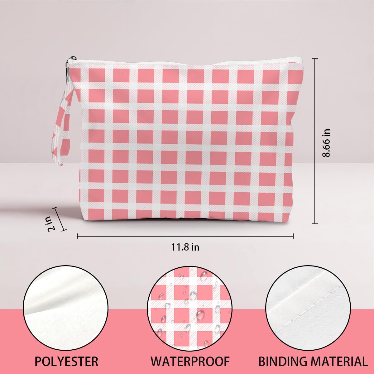 Wet Dry Bag, Wet Bag for Swimsuit, Diaper Sunscreen Large Zipper Pouch Waterproof Pouch, Beach Bags for Women, Pink and White Textured Plaid, Gifts for Ladies Girls Friends Colleagues and Sisters