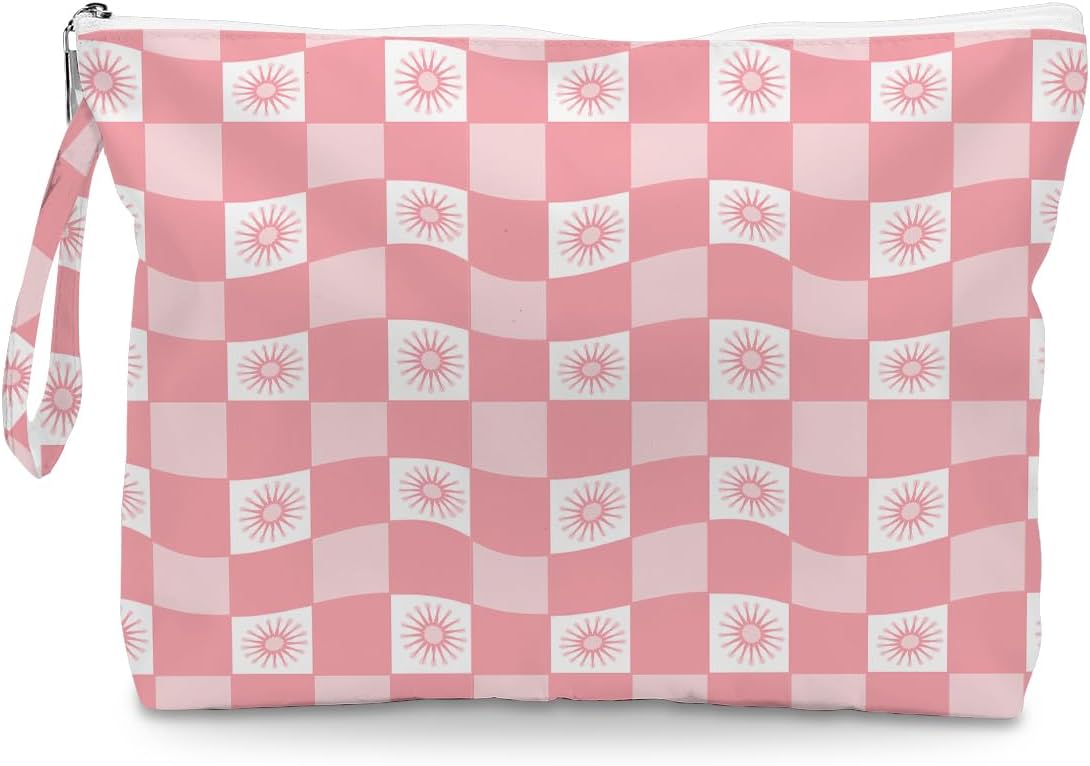 Wet Dry Bag, Wet Bag for Swimsuit, Diaper Sunscreen Large Zipper Pouch Waterproof Pouch, Beach Bags for Women, Pink and White Textured Plaid, Gifts for Ladies Girls Friends Colleagues and Sisters