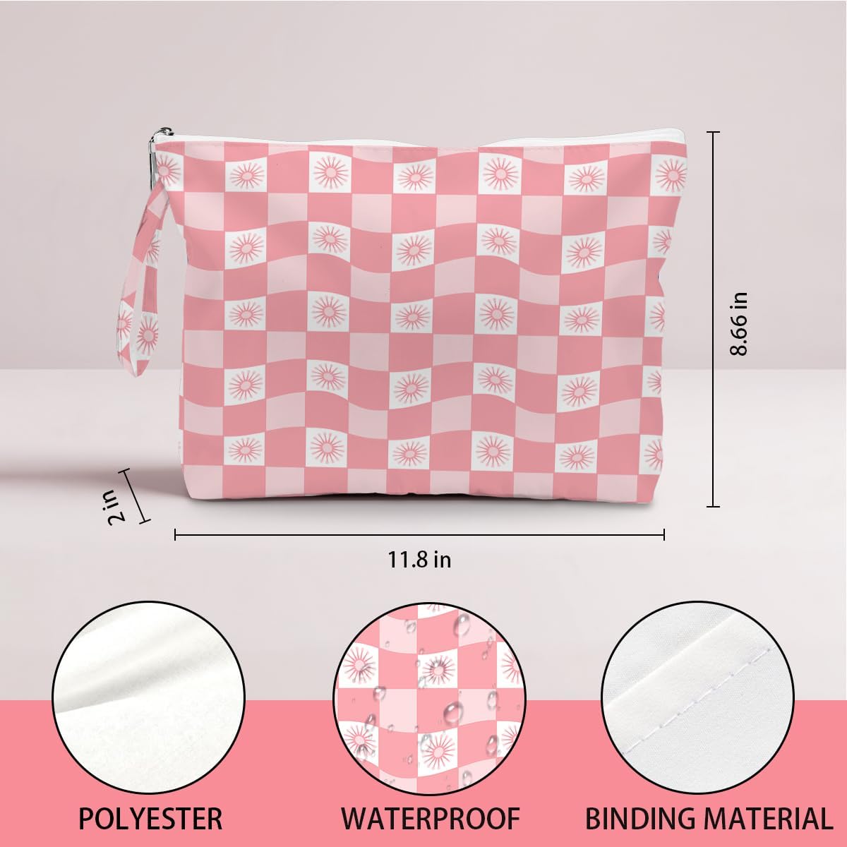 Wet Dry Bag, Wet Bag for Swimsuit, Diaper Sunscreen Large Zipper Pouch Waterproof Pouch, Beach Bags for Women, Pink and White Textured Plaid, Gifts for Ladies Girls Friends Colleagues and Sisters