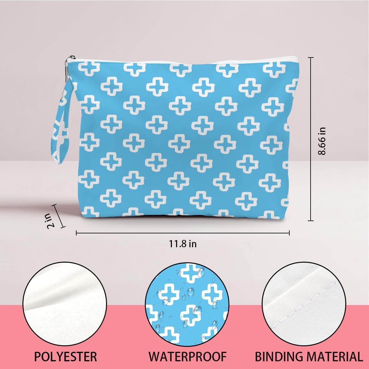 Wet Dry Bag, Wet Bag for Swimsuit, Diaper Sunscreen Large Zipper Pouch Waterproof Pouch, Beach Bags for Women, Pink and White Textured Plaid, Gifts for Ladies Girls Friends Colleagues and Sisters