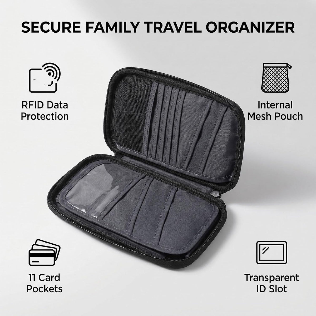 banapoy Family Passport Holder, Travel Document Organizer, Blocking Wallet with 4 Passport Slots 11 Card Pockets Zippered Pocket Detachable Wrist Strap for Men Women Family Travel (23 * 13 * 3 CM)