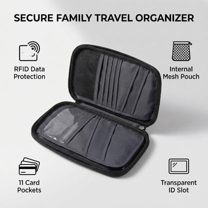 banapoy Family Passport Holder, Travel Document Organizer, Blocking Wallet with 4 Passport Slots 11 Card Pockets Zippered Pocket Detachable Wrist Strap for Men Women Family Travel (23 * 13 * 3 CM)