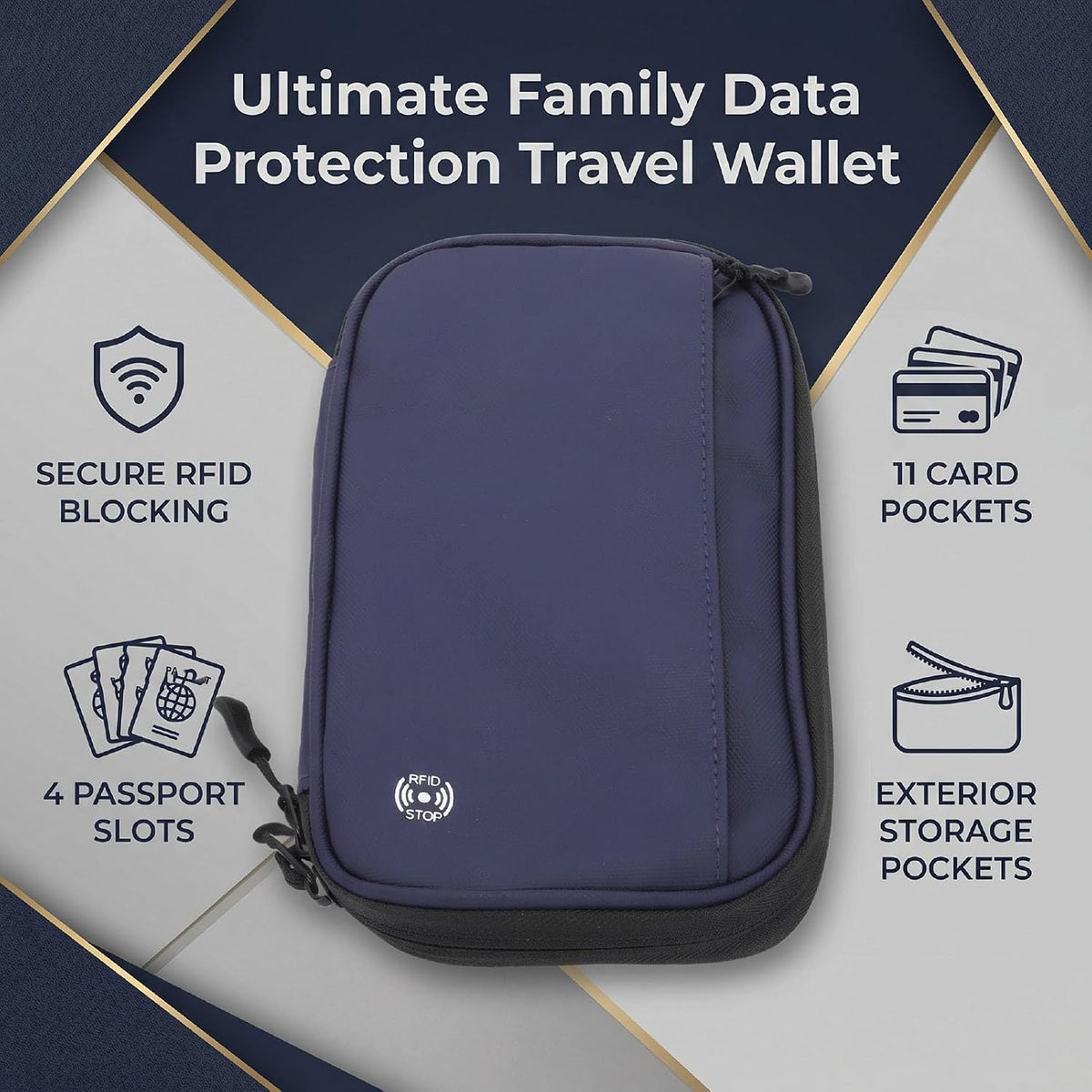 banapoy Family Passport Holder, Travel Document Organizer, Blocking Wallet with 4 Passport Slots 11 Card Pockets Zippered Pocket Detachable Wrist Strap for Men Women Family Travel (23 * 13 * 3 CM)