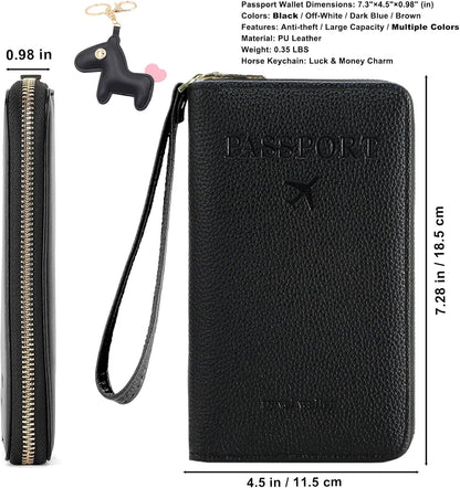 Multi-Functional Passport Holder Cover with Purse Charms,Premium Travel Wallet RFID Blocking Passport Cover Card Case for Holds Phones, Passports, Cash, Cards & Boarding Passes-Brown