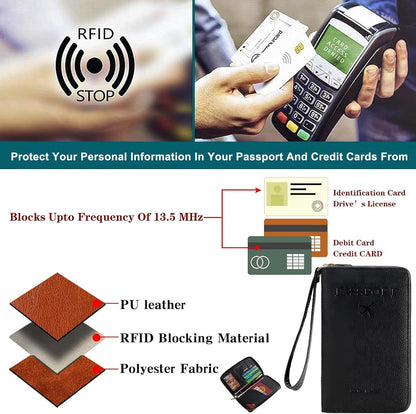 Multi-Functional Passport Holder Cover with Purse Charms,Premium Travel Wallet RFID Blocking Passport Cover Card Case for Holds Phones, Passports, Cash, Cards & Boarding Passes-Brown