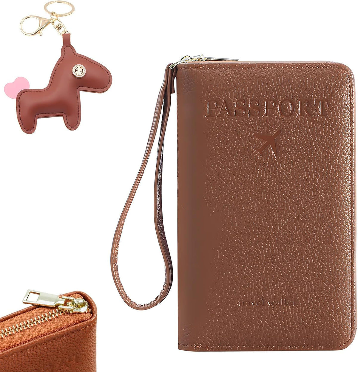 Multi-Functional Passport Holder Cover with Purse Charms,Premium Travel Wallet RFID Blocking Passport Cover Card Case for Holds Phones, Passports, Cash, Cards & Boarding Passes-Brown