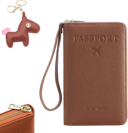 Multi-Functional Passport Holder Cover with Purse Charms,Premium Travel Wallet RFID Blocking Passport Cover Card Case for Holds Phones, Passports, Cash, Cards & Boarding Passes-Brown