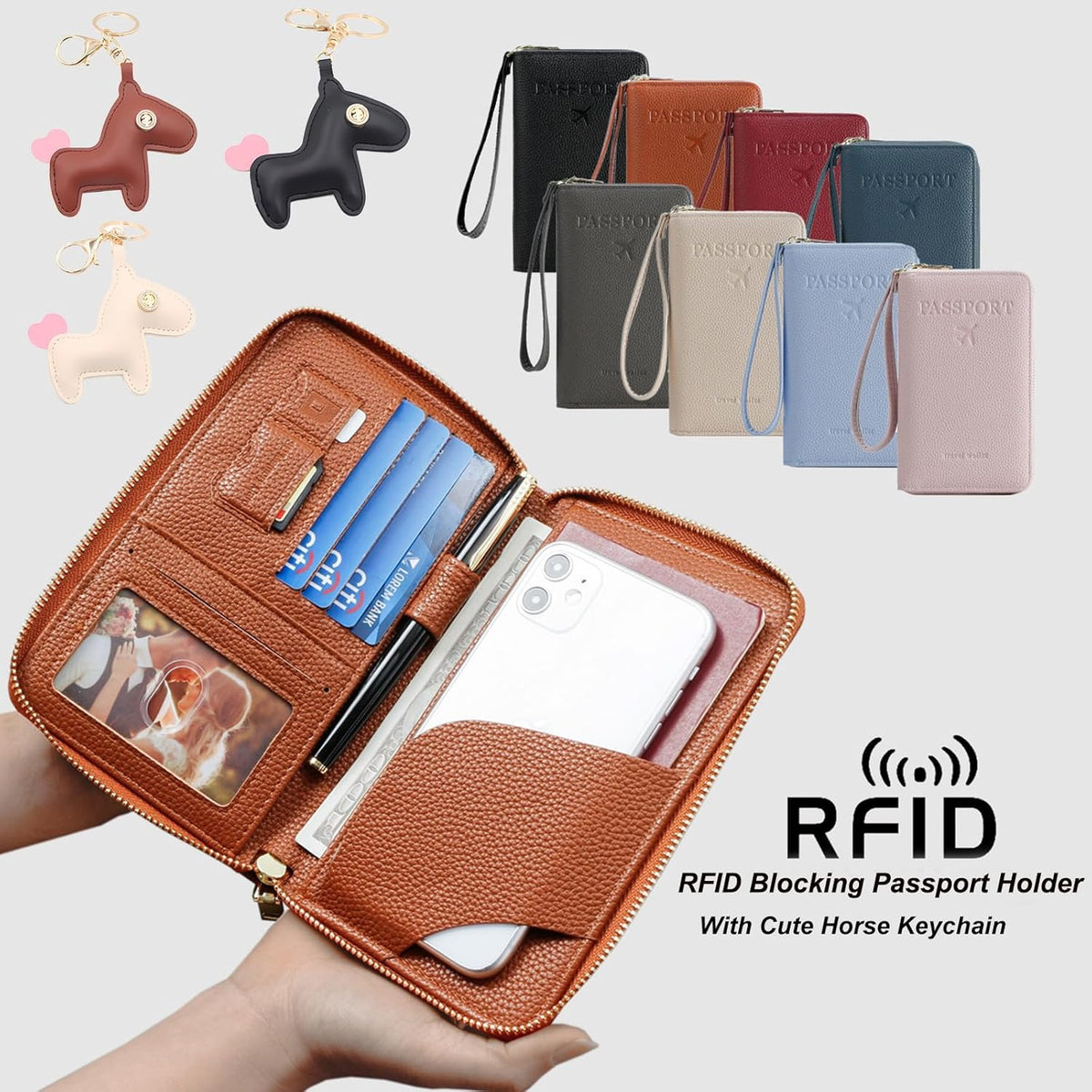Multi-Functional Passport Holder Cover with Purse Charms,Premium Travel Wallet RFID Blocking Passport Cover Card Case for Holds Phones, Passports, Cash, Cards & Boarding Passes-Brown