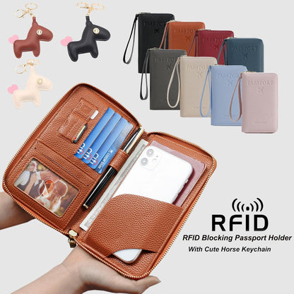 Multi-Functional Passport Holder Cover with Purse Charms,Premium Travel Wallet RFID Blocking Passport Cover Card Case for Holds Phones, Passports, Cash, Cards & Boarding Passes-Brown