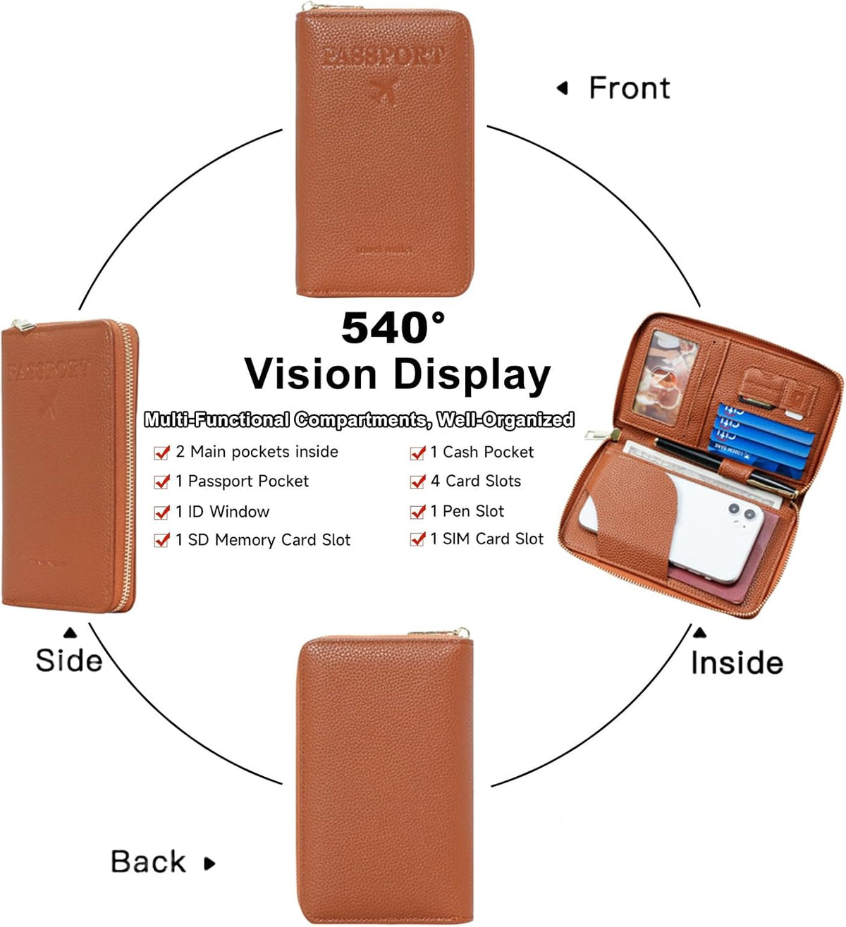 Multi-Functional Passport Holder Cover with Purse Charms,Premium Travel Wallet RFID Blocking Passport Cover Card Case for Holds Phones, Passports, Cash, Cards & Boarding Passes-Brown