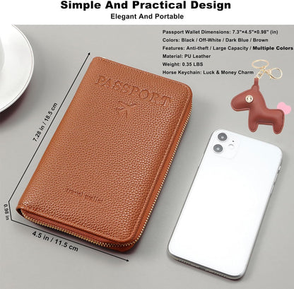 Multi-Functional Passport Holder Cover with Purse Charms,Premium Travel Wallet RFID Blocking Passport Cover Card Case for Holds Phones, Passports, Cash, Cards & Boarding Passes-Brown