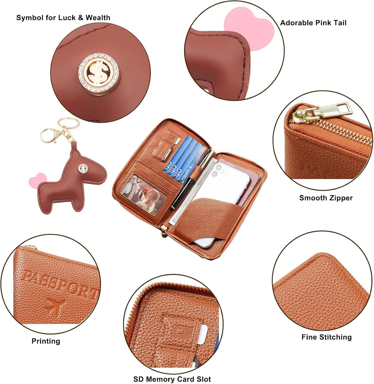 Multi-Functional Passport Holder Cover with Purse Charms,Premium Travel Wallet RFID Blocking Passport Cover Card Case for Holds Phones, Passports, Cash, Cards & Boarding Passes-Brown