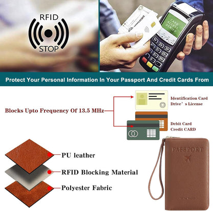 Multi-Functional Passport Holder Cover with Purse Charms,Premium Travel Wallet RFID Blocking Passport Cover Card Case for Holds Phones, Passports, Cash, Cards & Boarding Passes-Brown