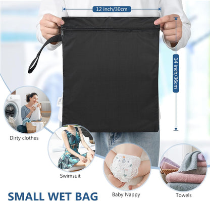 2PCS Small Wet Bag for Swimsuit 12x14 Inch Waterproof Wet Dry Bag | Wet Clothes Bag with Handle & Zippered Reusable Washable Travel Bags for Beach Pool Yoga Gym, Drying Do Not Exceed 176℉ Black