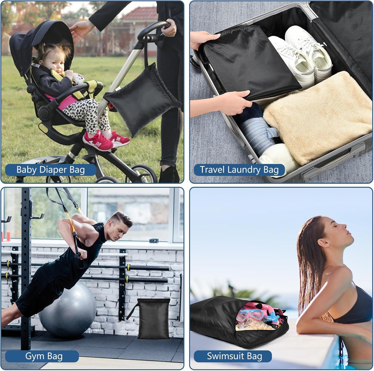 2PCS Small Wet Bag for Swimsuit 12x14 Inch Waterproof Wet Dry Bag | Wet Clothes Bag with Handle & Zippered Reusable Washable Travel Bags for Beach Pool Yoga Gym, Drying Do Not Exceed 176℉ Black