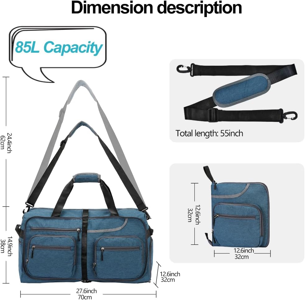 Travel Duffel Bag, 65L Foldable Travel Duffle Bag with Shoes Compartment and wet pocket, Waterproof & Tear Resistant
