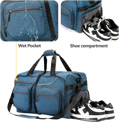 Travel Duffel Bag, 65L Foldable Travel Duffle Bag with Shoes Compartment and wet pocket, Waterproof & Tear Resistant