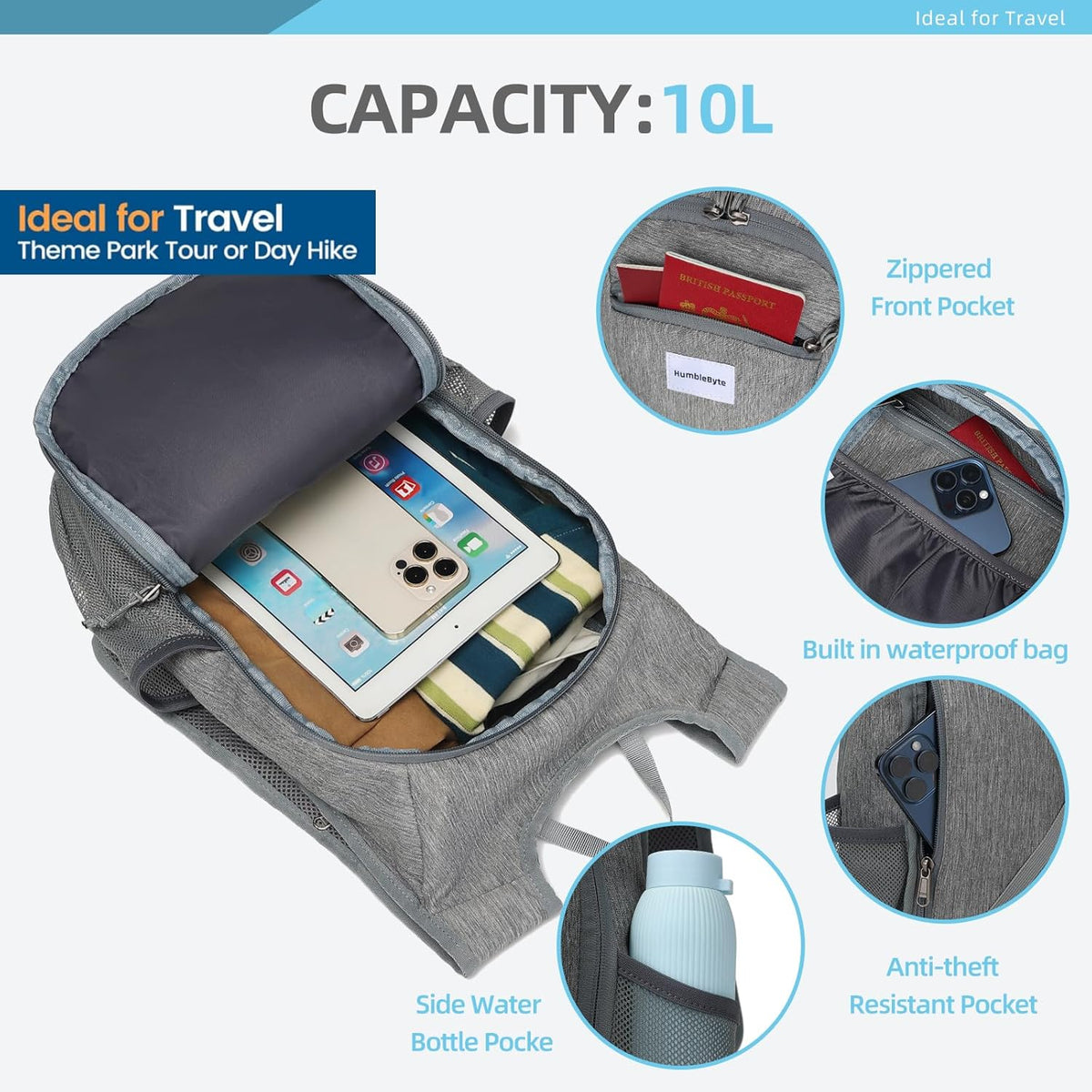 10L Foldable Lightweight Backpack – Packable Travel Daypack for Hiking, Cycling & Everyday Use – Water-Resistant Travel Bag with Multi-Pocket Design for Women & Men(Gray)