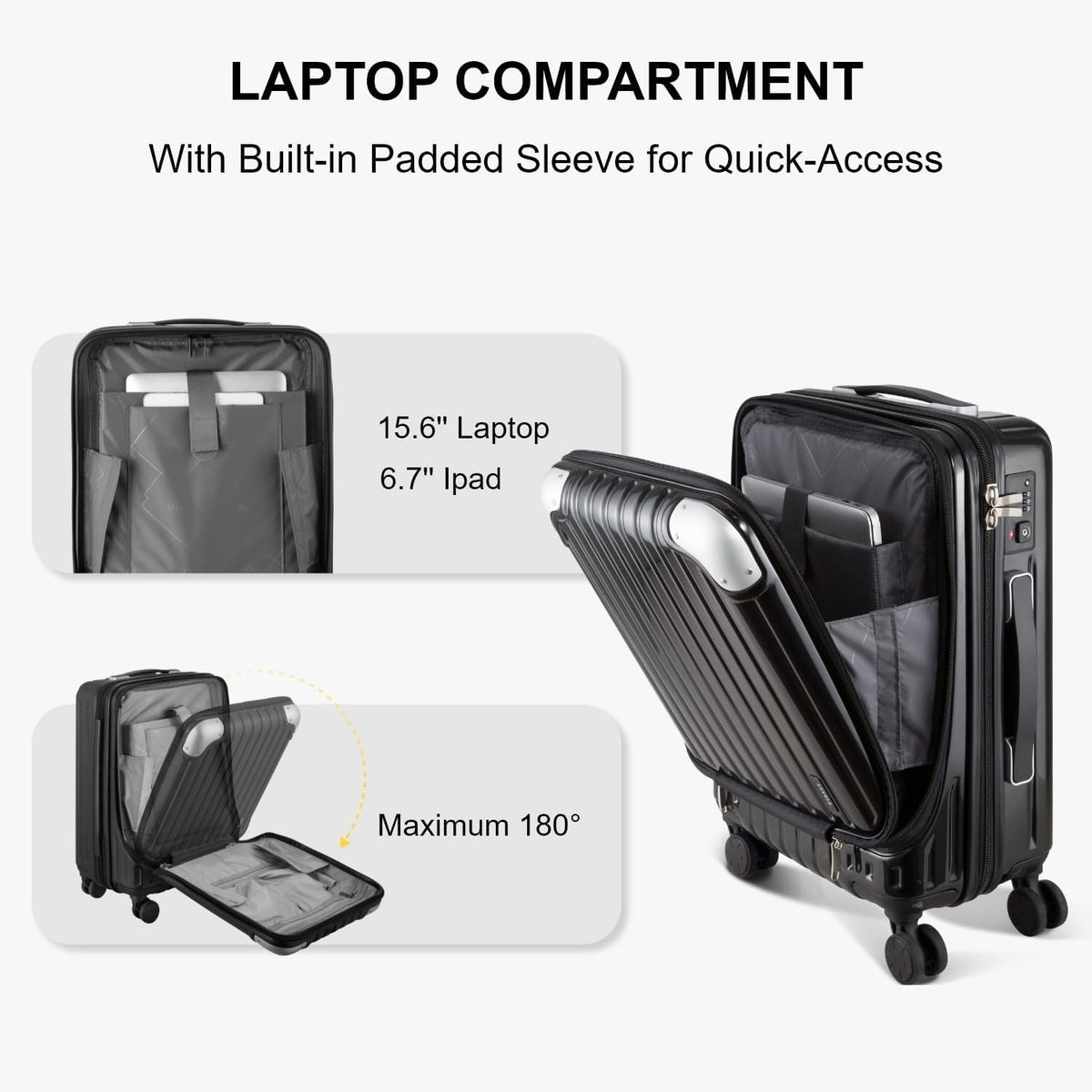 Grace Hard Shell Carry on Luggage with Front Compartment, 20 Inch Expandable Suitcases with Wheels, Lightweight Carry-on Suitcase for Airplane, Tsa Lock, Black