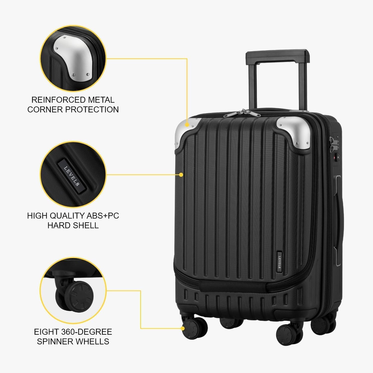 Grace Hard Shell Carry on Luggage with Front Compartment, 20 Inch Expandable Suitcases with Wheels, Lightweight Carry-on Suitcase for Airplane, Tsa Lock, Black