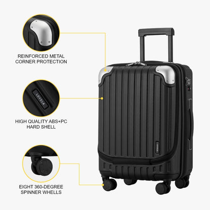 Grace Hard Shell Carry on Luggage with Front Compartment, 20 Inch Expandable Suitcases with Wheels, Lightweight Carry-on Suitcase for Airplane, Tsa Lock, Black