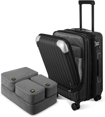 Grace Hard Shell Carry on Luggage with Front Compartment, 20 Inch Expandable Suitcases with Wheels, Lightweight Carry-on Suitcase for Airplane, Tsa Lock, Black