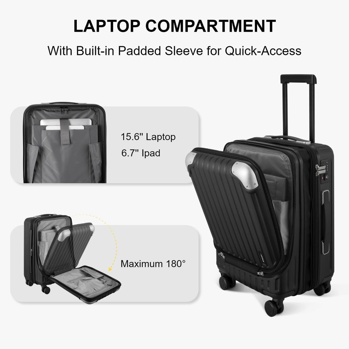 Grace Hard Shell Carry on Luggage with Front Compartment, 20 Inch Expandable Suitcases with Wheels, Lightweight Carry-on Suitcase for Airplane, Tsa Lock, Black