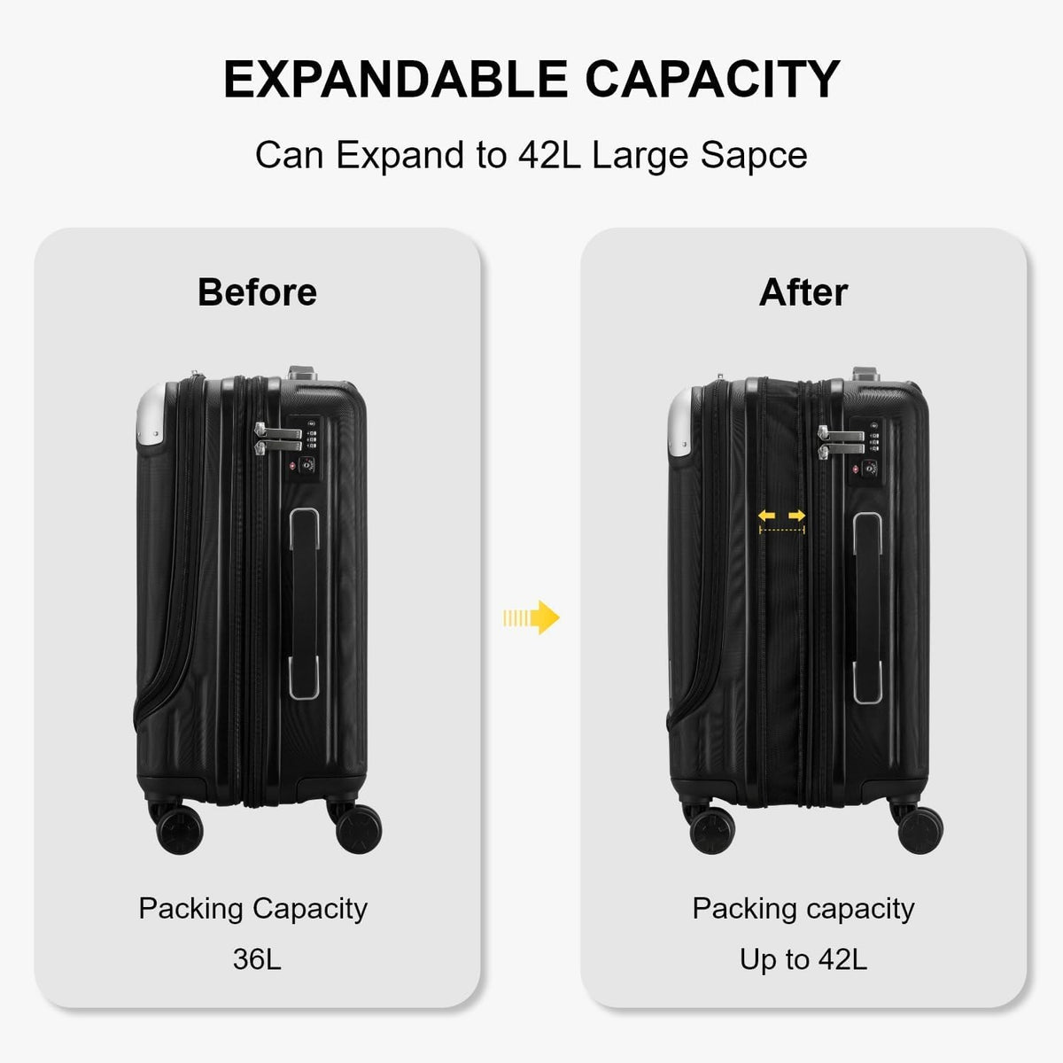 Grace Hard Shell Carry on Luggage with Front Compartment, 20 Inch Expandable Suitcases with Wheels, Lightweight Carry-on Suitcase for Airplane, Tsa Lock, Black