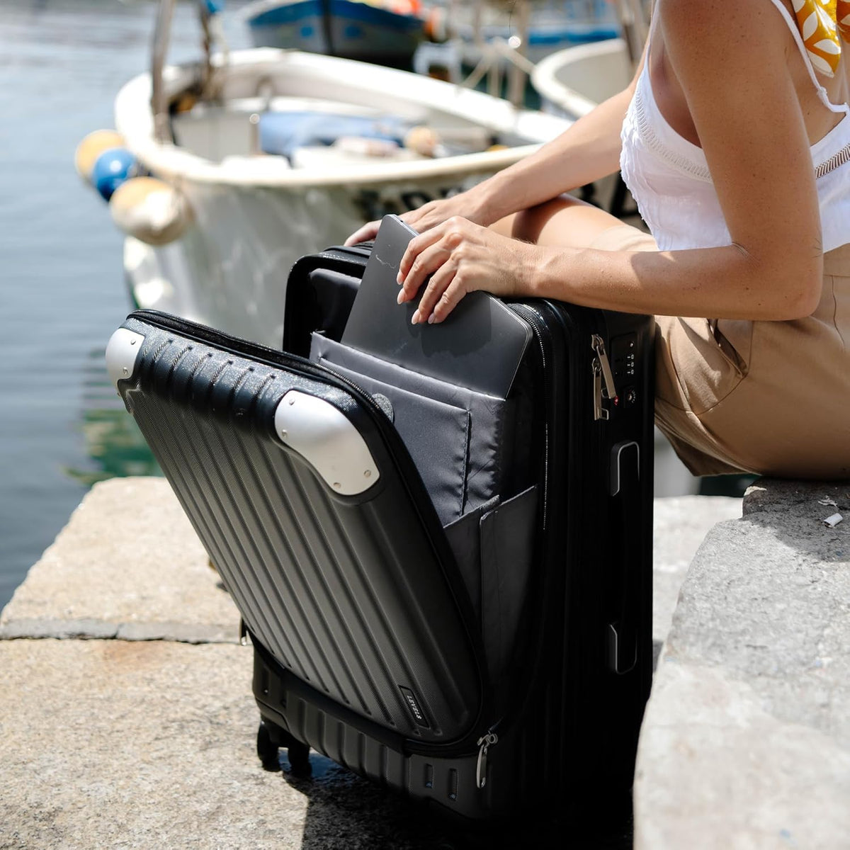 Grace Hard Shell Carry on Luggage with Front Compartment, 20 Inch Expandable Suitcases with Wheels, Lightweight Carry-on Suitcase for Airplane, Tsa Lock, Black