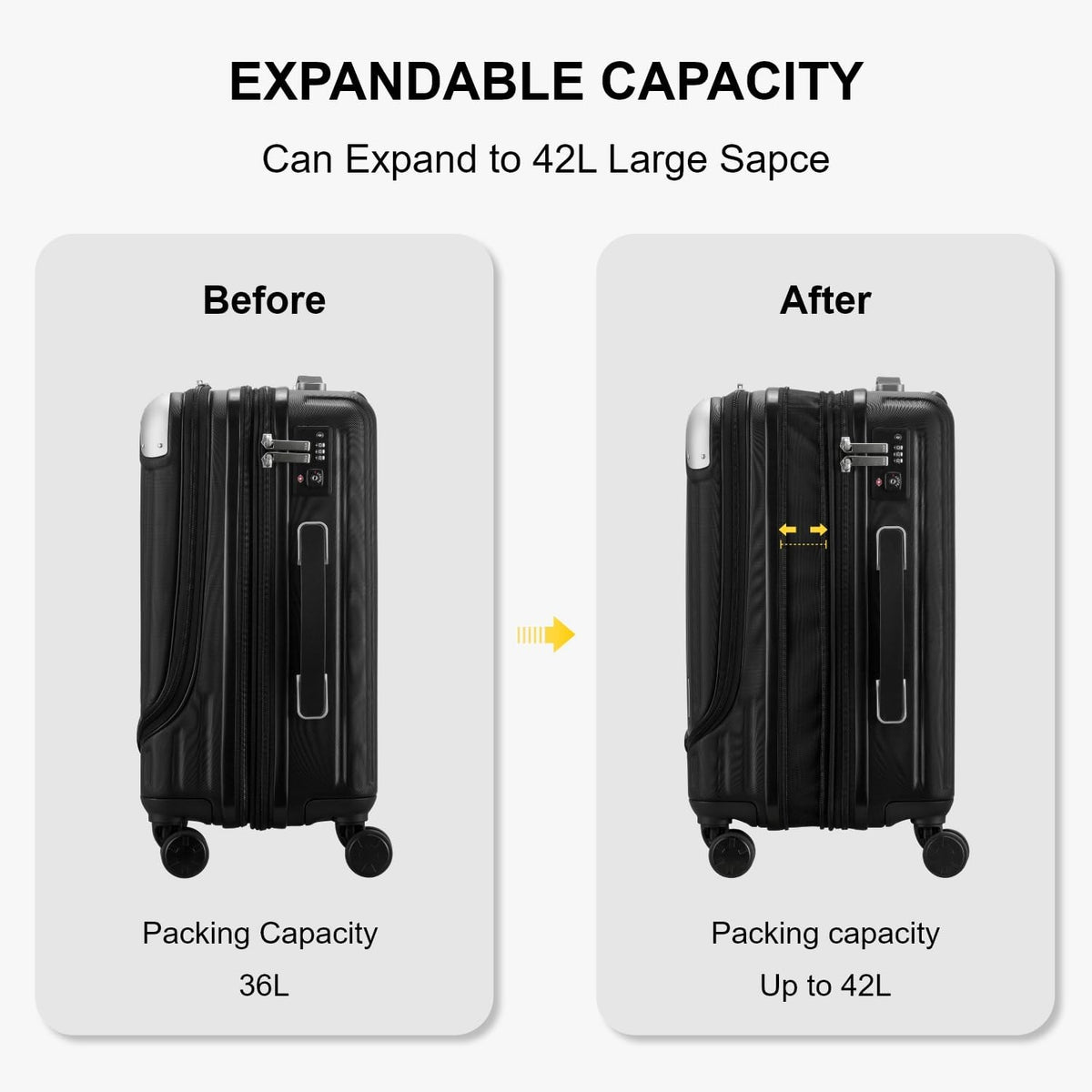 Grace Hard Shell Carry on Luggage with Front Compartment, 20 Inch Expandable Suitcases with Wheels, Lightweight Carry-on Suitcase for Airplane, Tsa Lock, Black