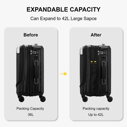 Grace Hard Shell Carry on Luggage with Front Compartment, 20 Inch Expandable Suitcases with Wheels, Lightweight Carry-on Suitcase for Airplane, Tsa Lock, Black