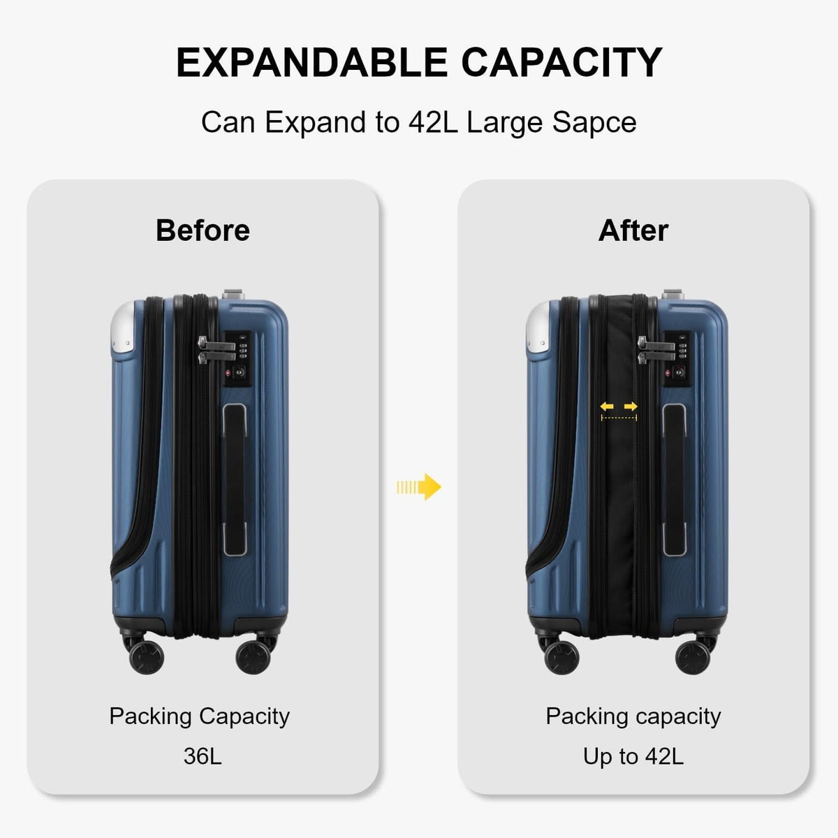 Grace Hard Shell Carry on Luggage with Front Compartment, 20 Inch Expandable Suitcases with Wheels, Lightweight Carry-on Suitcase for Airplane, Tsa Lock, Black