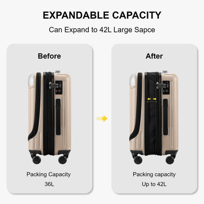 Grace Hard Shell Carry on Luggage with Front Compartment, 20 Inch Expandable Suitcases with Wheels, Lightweight Carry-on Suitcase for Airplane, Tsa Lock, Black