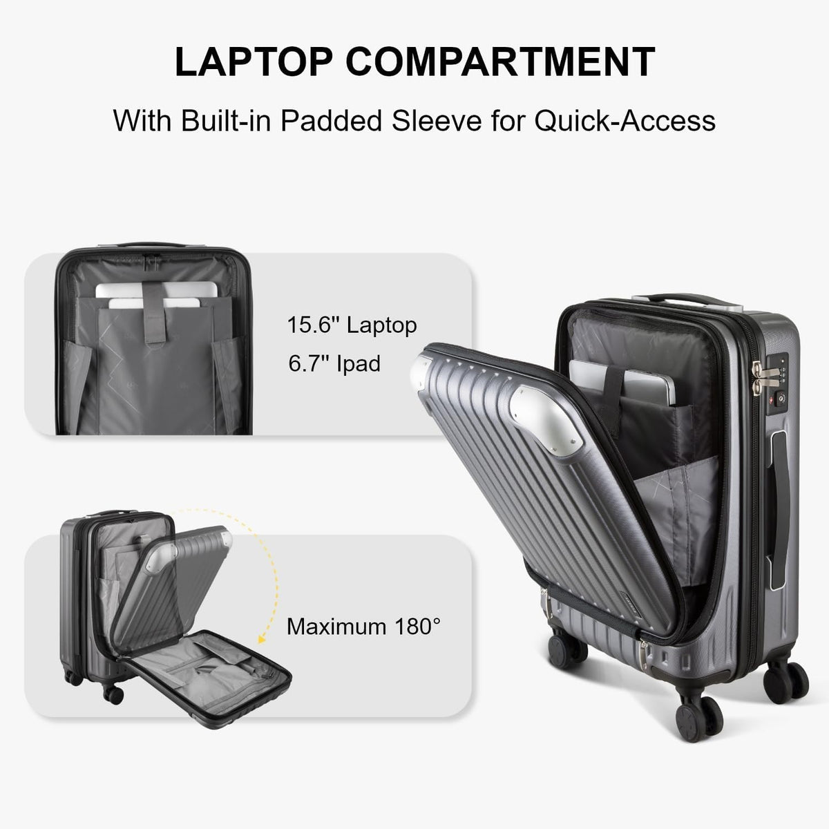 Grace Hard Shell Carry on Luggage with Front Compartment, 20 Inch Expandable Suitcases with Wheels, Lightweight Carry-on Suitcase for Airplane, Tsa Lock, Black
